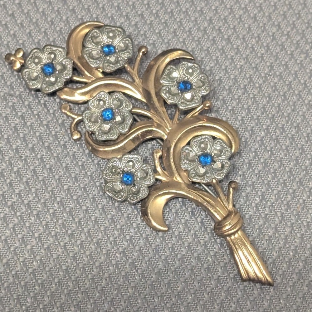 VTG Two Tone Flower Bouquet Brooch Blue Rhinestone Marcasite Floral Pin 3.25"